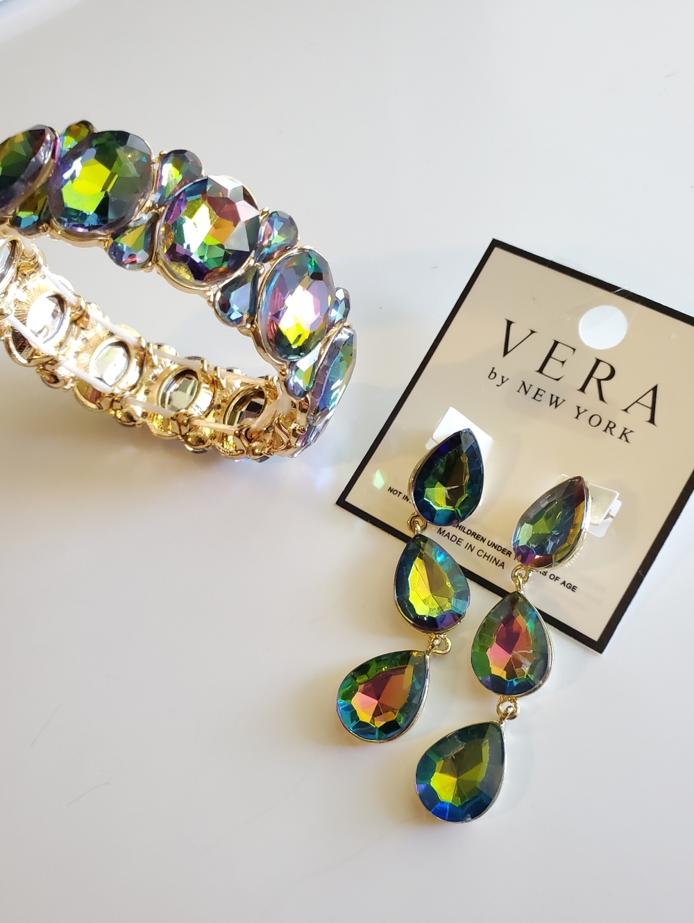 Multicolored Crystal Drop Earrings with Matching Bracelet - Set